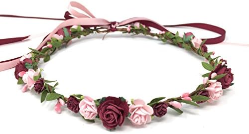 Daddasprincess Flower girl crown wedding boho headpiece headband hair wreath (Burgundy and blush)