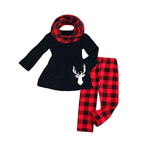 3Pcs Toddler Baby Girl Long Sleeve Reindeer T-Shirt Dress Top+Plaid Pant with Scarf Christmas Outfit Set
