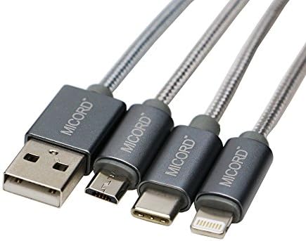 USB Lightning Cable, Micord 3 in 1 Braided Multiple USB Charging Cable with Lightning Cable / Micro USB / USB Type C for iPhone 7 7Plus 6 6 Plus, Macbook, Android Smart Phones (3.3feet Grey)