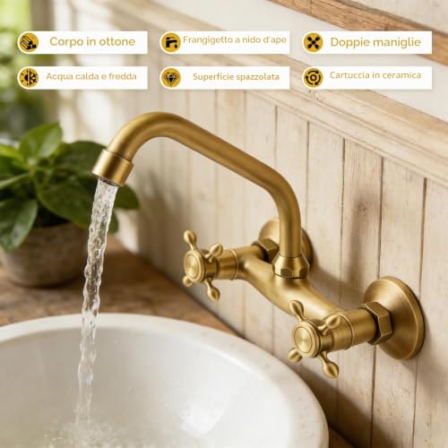 Antique Brass Wall Kitchen Tap, 360° Rotation Sink Mixer, Bathroom Sink Tap with Cross Knobs and Swivel Spout, Wall Kitchen Tap for Bathroom, Kitchen, Laundry
