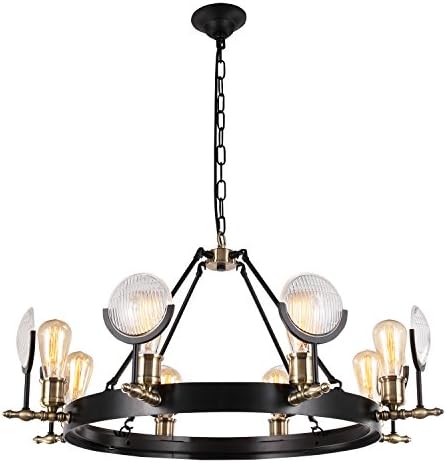 Dst Round Matte Black and Antique Brass Vintage Pendant Chandelier Ceiling Light Fixture for Dining Room, Living Room, Bar. Size: Φ 85 cm/33.46",H: 38cm/14.96". Chain length: 30cm/pcs