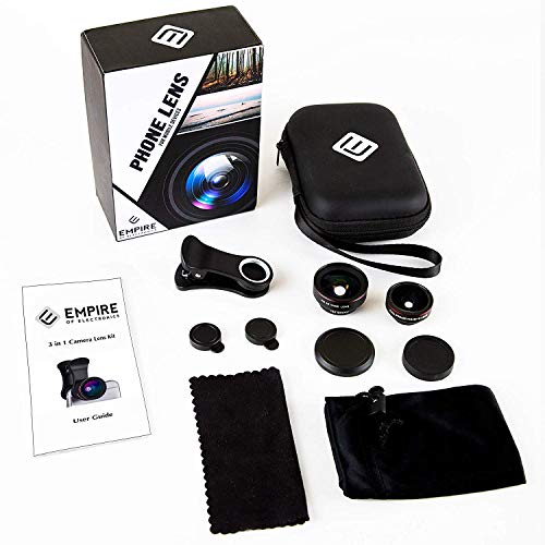 Empire of Electronics Phone Camera Lens Kit for iPhone, Samsung & Cell Phones | 3 in 1 Fisheye Lens, Wide Angle Lens and Macro Lens Attachment | Travel Size plus Accessories