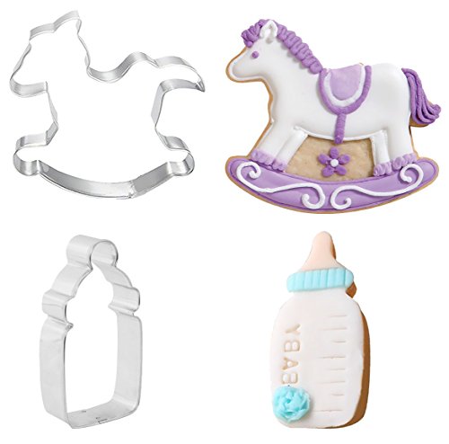 Hibery 5 Pack Stainless Steel Baby Shower Cookie Cutters - Onesie, Bib, wooden horse, Bottle, Baby Foot Cookie Cutter