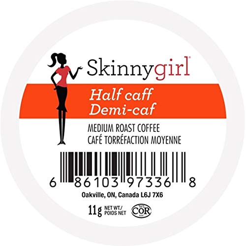 SKINNYGIRL HALF CAFF COFFEE PODS FOR KEURIG K CUPS BREWERS, REDUCED CAFFEINE MEDIUM ROAST COFFEE IN SINGLE SERVE CUPS, 24 COUNT