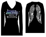 Seahawks Angel Wings Green Blue Football Rhinestone V Neck Long Sleeve Tee Shirt