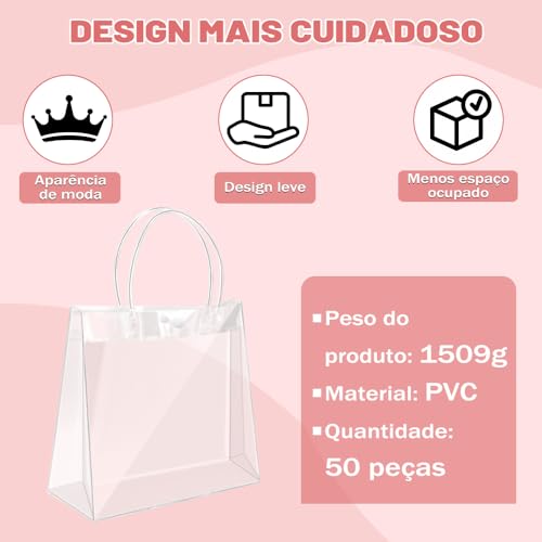 Gavzrt 20 * 20 * 8 cm Sacola de Presente Transparente PVC com Alça Reutilizável para Festas e Eventos - 50 Unidades
