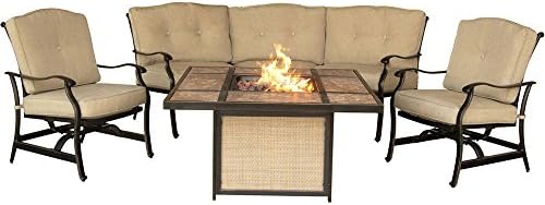 Hanover Outdoor Furniture 4 Piece Traditions Tile Tabletop Fire Pit Lounge Set, Natural Oat/Antique Bronze