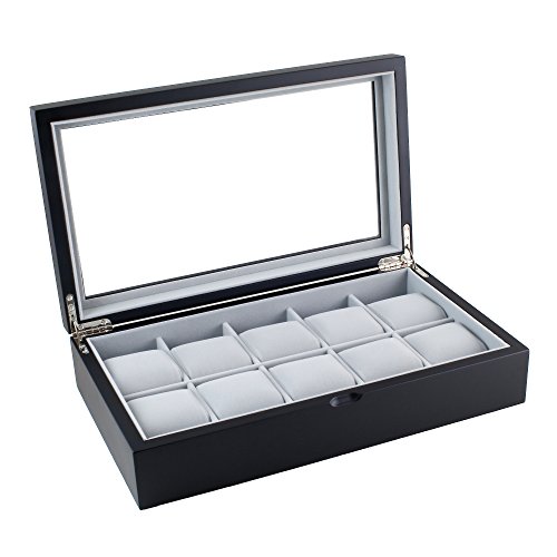 Caddy Bay Collection Matte Black Wood Finish Watch Box Display Case with Glass Top Holds 10 Wide 60mm+ Watches