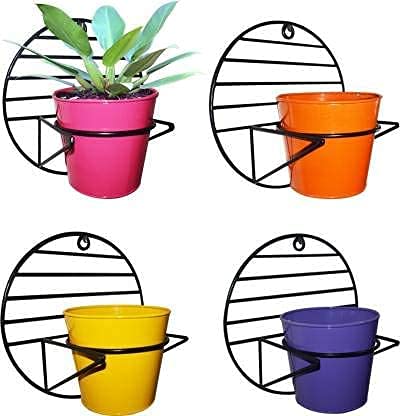 Decorscent Wall Mount Metal Planter Stand with Round Galvanized Pot (Set of 4 Pcs)