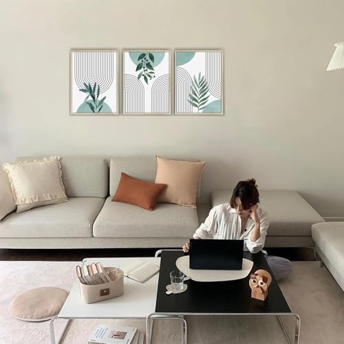 hyidecorart Wooden Frame Boho Sage Green Pictures Decoration Living Room Modern, 3 Pieces Abstract Lines Nordic Simplicity Plant Leaves Bedroom Kitchen Dining Room Office and Bathroom
