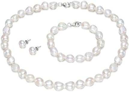 Chpel 925 Sterling Silver Baroque Irregular Cultured Freshwater Pearl Jewelry Set 10mm AAA Quality (White)