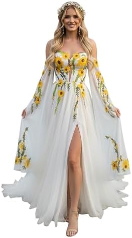sunflower wedding dress A-line Yellow Sunflower Wedding Dress Boho Off Shoulder Gown Floral Em SELINADRESS