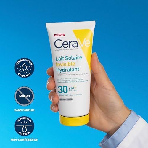 , Lait Solaire Invisible Hydratant 24h SPF30, Haute Protection Solaire, Non Gras, Non Collant, Visage et Corps, Hypoallergénique, 3 Céramides et Vitamine E, Résiste à l'Eau