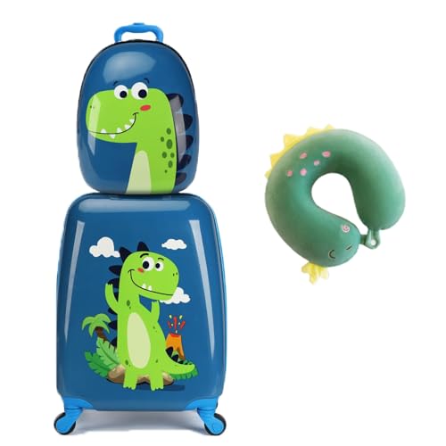3Pcs Kids Luggage Set, 18 Inch Children Travel Suitcase, Cartoon Rolling Luggages, Child Trolley Bag with 14-Inch Backpack, U-Shaped Pillow, Wheels and Telescopic Handle (Blue)