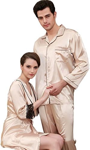 Wercan Man/Gentleman Men's Satin Pajamas and Slipper Gift Set Sleepwear Loungewear Nightgown Bath Long Sleeve Smooth Silky Feeling Satin Pajama SetSoft, silk-like 100% Satin