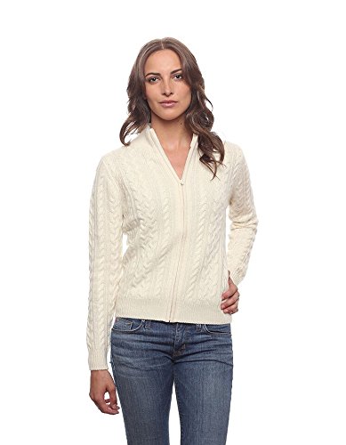 Invisible World Women's 100% Cashmere Premium Cableknit Cardigan Katy Ivory Med
