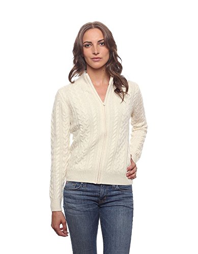 Invisible World Women's 100% Cashmere Premium Cableknit Cardigan Sweater Katy - Ivory XL