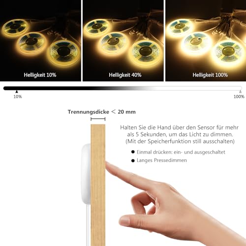 AIMENGTE COB LED Strip 1m, 6 Rolls 12V Warm White Acoustic Panels COB LED Strip Cuttable, with touch and hand sweep dimmer switch, for wine cabinets, shelves, cabinets