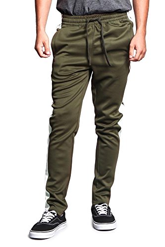G-Style USA Men's Regular Cuff Non-Ankle Zip Contrast Outer Side Stripe Slim Fit Stretch Drawstring Track Pants TR522 - Olive/Off-White - X-Large - S1C