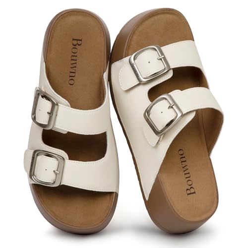 Bouwno White Platform Sandals Women Beach Slide Comfortable Chunky Sandals Slip-on Buckle Genuine Leather with Memory Foam Insole Soft Lining and Open Toe Low Wedges at Amazon