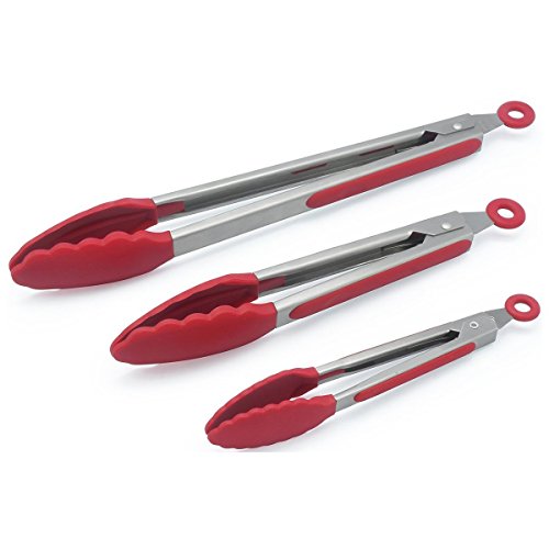 Grill Tech Kitchen Tongs Set 3 - 7, 9, 12 Inch Heavy Duty Non Stick Long Lasting Stainless Steel Food Tongs With Improved Silicone Rubber Tip For Cooking -BBQ-Extra Grip With Lock 1 Set (Red)