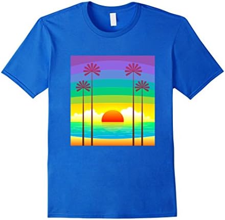 Men's Colorful Sunset T-Shirt Seaside Ocean Beach Scene Palm Trees 2XL Royal Blue