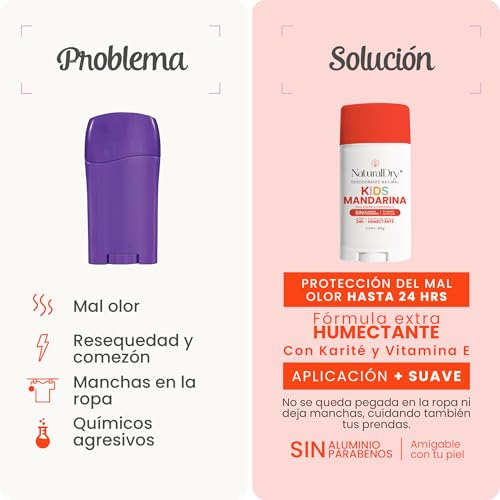 NaturalDry Kids - Pack de 2 desodorantes Kids infantiles unisex Natural para niños y niñas - Duración hasta 24 horas - Deodorant natural - Aroma Mandarina - En barra