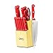 Ginsu Essential Series 14-Piece Stainless Steel Serrated Knife Set – Cutlery Set with Red Kitchen Knives in a Natural Block, 03879DS