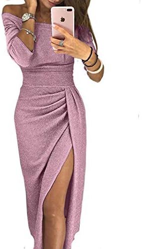 Senggeruida Women Shiny Off Shoulder Ruched Thigh Slit Dress