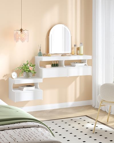 Hzuaneri Floating Bedside Table, U-Shaped Design, White | NS50103X Modern Hanging Shelf and 1 Drawer with Runners, Bedroom and Living Room, 30 x 40 x 29.2 cm