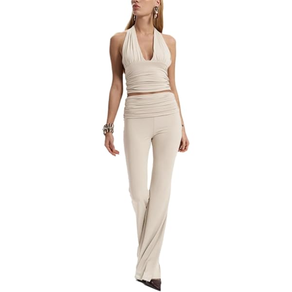 Conjunto De 2 Piezas Para Mujer – Camiseta Sin Mangas Y Pantalones Anchos, Punto Acanalado, Cómodo Y Sexy
