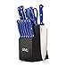 Ginsu Essential Series 14-Piece Stainless Steel Serrated Knife Set – Cutlery Set with Blue Kitchen Knives in a Black Block, 03889DS