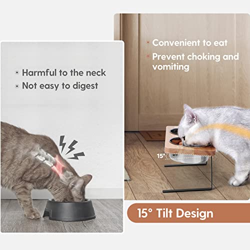 Siooko Elevated Cat Bowls, 15° Tilted Raised Cat Food Bowls Wood Pet