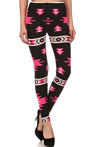 Women's Regular American Indian Aztec Pattern Print Stretchable Leggings (Black Hot Pink)