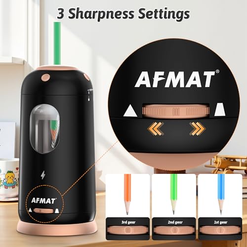 AFMAT PSC8 Electric Pencil Sharpener, Auto in & Out, Fully Automatic Pencil Sharpener, Rechargeable Hands-Free Sharpeners for Jumbo & Colored Pencils (7-11.5mm), Good for Classroom/Home/Office, Black