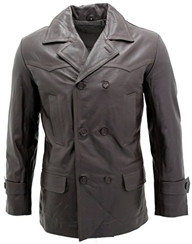 Men's Brown German Naval Dr Who Cow Hide Leather Pea Coat M
