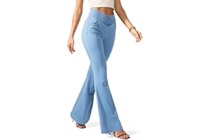 Rammus Flare Jeans for Women Crossover High Waisted Bell Bottom Jeans Trendy Yoga Pants Stretchy Flare Leggings with Pockets