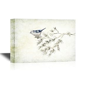 Canvas Wall Art - Bird on a Pine Branch- Gallery Wrap Modern Home Art | Ready to Hang - 12x18 inches