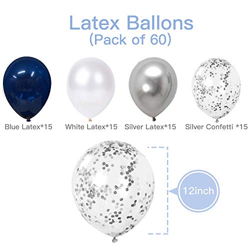 12 inch Navy Blue and Silver Confetti Balloons, White Pearl and Silver Metallic Party Balloons for Wedding or Birthday Decorations(60 pcs)