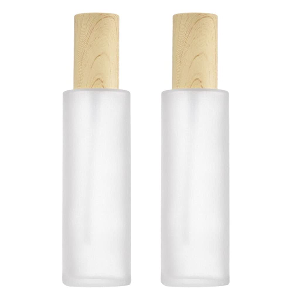 Bamboopack 2Pcs 120ml 4oz Empty Frosted Glass Lotion Pump Press Bottle Travel Toiletries Bottle Container Cosmetic Cream Jar With Wood Grain Lid For Emulsion Essence Liquid Essential oils etc