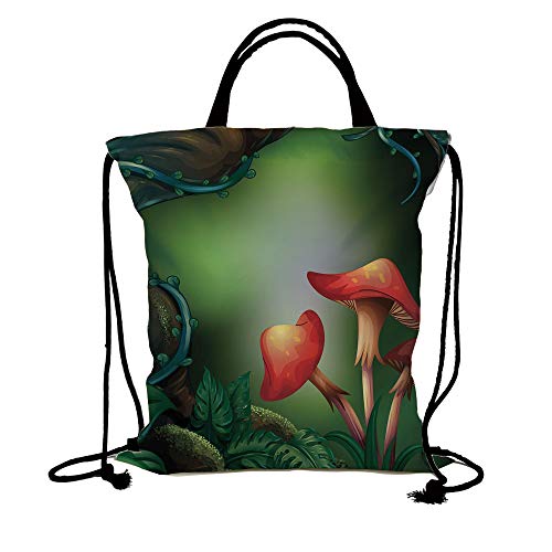 3D Print Drawstring Bag String Backpack,Mushroom,Big Tree in Rain Forest Ivy Fungi Leaves Moss Roots Fern Jungle Illustration Decorative,Green Red Brown,for Travel Gym School Beach