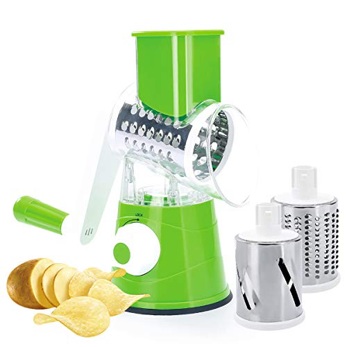 huasida HSD Manual Rotary Cheese Graters - Küchen-Mandolinen-Gemüseschneider mit 3 austauschbaren Klingen, leicht zu reinigender Rotary Grater Slicer für Obst, Gemüse, Nüsse (Grün)