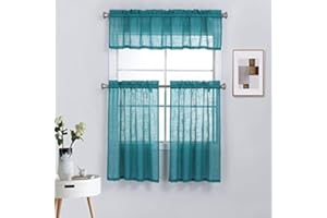 Diamond Home Linens 3 Piece Linen Semi Sheer Kitchen Window Curtain Tiers and Valance Set 36" Long, Teal.