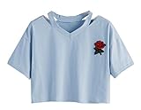 Abetteric Women's Skinny Relaxed Short Sleeve Rose Embroidery Tops Blue Small