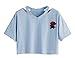 Abetteric Women's Skinny Relaxed Short Sleeve Rose Embroidery Tops Blue Small