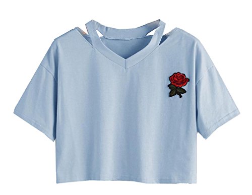 Abetteric Women's Skinny Relaxed Short Sleeve Rose Embroidery Tops Blue Small