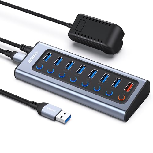BENFEI 8-Port USB Hub with Power Adapter, USB Splitter Hub(7 Faster Data Transfer Ports + 1 Smart Charging Port) with Individual LED On/Off Switches