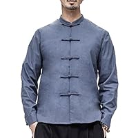 Kung Fu Smith Men Classic Slim Fit Frog Button Tai Chi Linen Shirt, Blue L