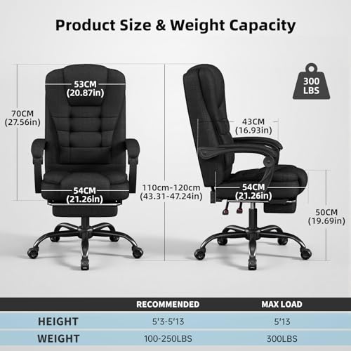 SITMOD Executive Office Chair with Footrest, Pocket Spring Fabric Desk Chair, High Back Thick Padding Computer Chair with Linkage Armrests, 90-150° Reclining Ergonomic Task Chair, Black