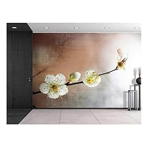 Wall26 - Cherry Blossom Branch Over a Copper and Silver Background - Wall Mural, Removable Sticker, Home Decor - 66x96 inches